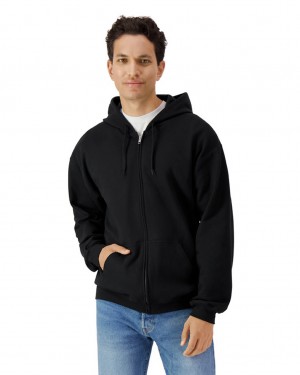 Black Men's Gildan SF600 Midweight Fleece Full Zip Hoodie Sweatshirt | AILP79015