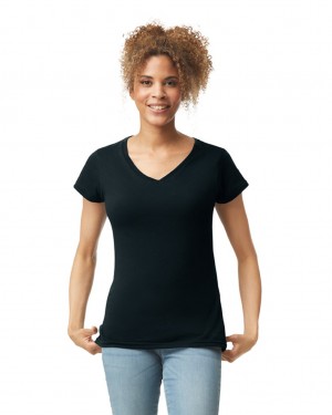 Black Women's Gildan 64V00L V-Neck T-Shirts | HTAZ49827