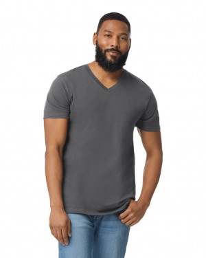 Charcoal Men's Gildan 64V00 V-Neck T-Shirts | MTRU07834