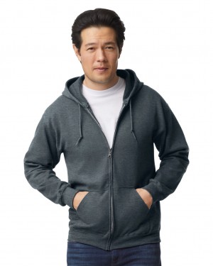 Dark Heather Men's Gildan 18600 Full Zip Hoodie Sweatshirt | RWIT08923