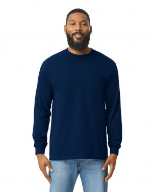 Navy Men's Gildan 2410 Long Sleeve with Pocket T-Shirts | YEUF41075