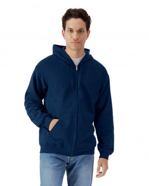 Navy Men's Gildan SF600 Midweight Fleece Full Zip Hoodie Sweatshirt | USXR84256