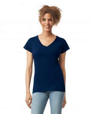 Navy Women's Gildan 64V00L V-Neck T-Shirts | DKLB18527