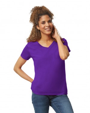 Purple Women's Gildan 5V00L V-Neck T-Shirts | DAUS61095