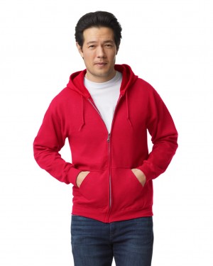 Red Men's Gildan 18600 Full Zip Hoodie Sweatshirt | CHJX63027