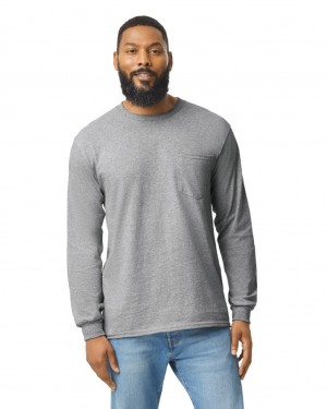 Sport Grey Men's Gildan 2410 Long Sleeve with Pocket T-Shirts | CQRI30176