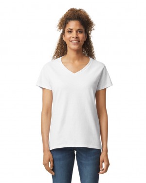 White Women's Gildan 5V00L V-Neck T-Shirts | WKHI75936