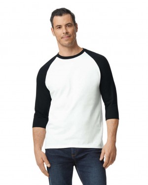 White / Black Men's Gildan 5700 3/4 Raglan T-Shirts | BPWE60182