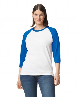 White / Royal Women's Gildan 5700 3/4 Raglan T-Shirts | QVYE67835