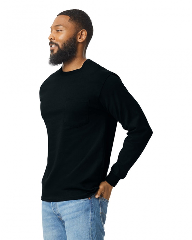 Black Men's Gildan 2410 Long Sleeve with Pocket T-Shirts | VOTL93502