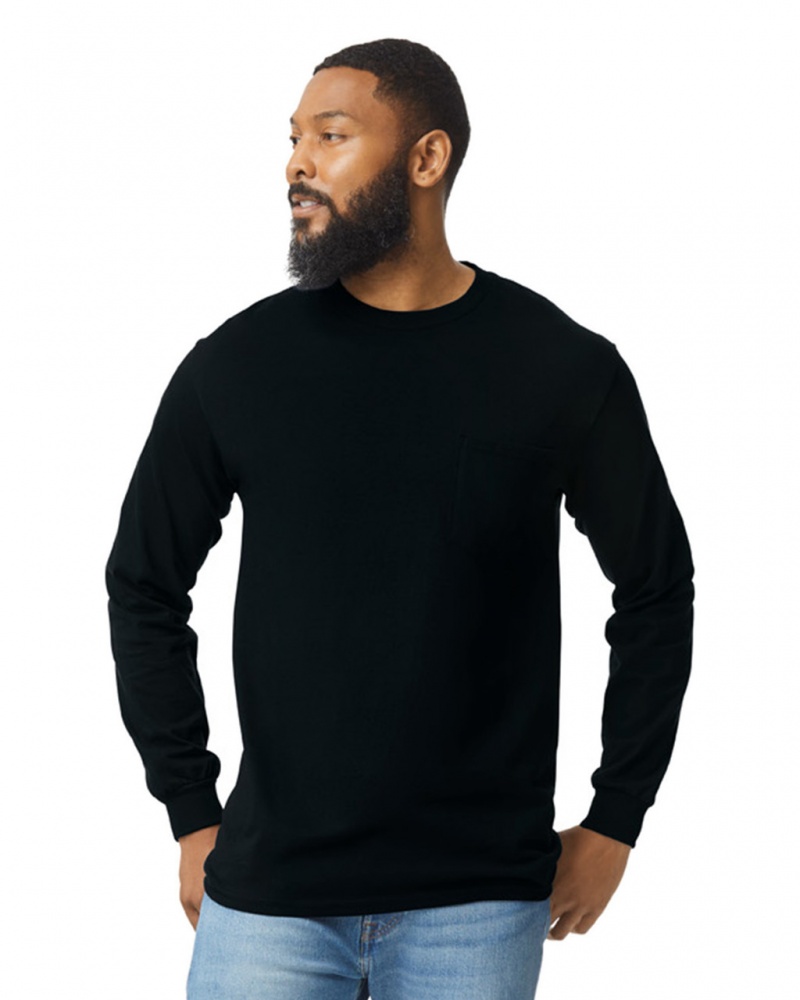 Black Men\'s Gildan 2410 Long Sleeve with Pocket T-Shirts | VOTL93502