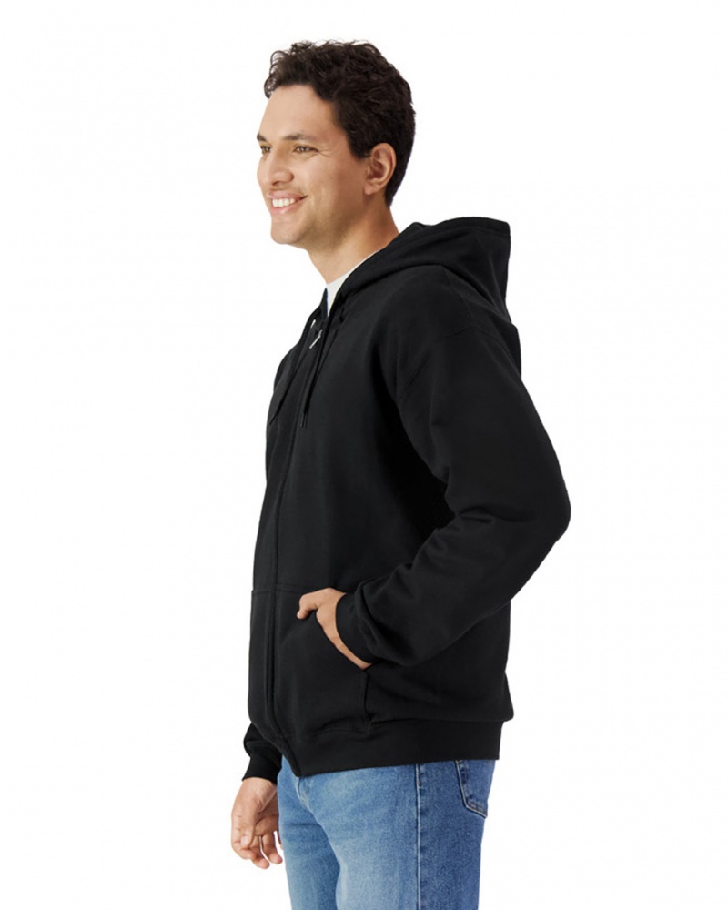 Black Men's Gildan SF600 Midweight Fleece Full Zip Hoodie Sweatshirt | AILP79015