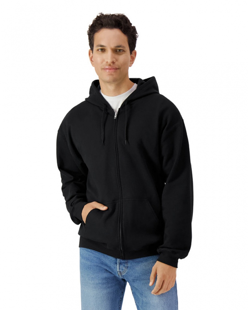 Black Men\'s Gildan SF600 Midweight Fleece Full Zip Hoodie Sweatshirt | AILP79015