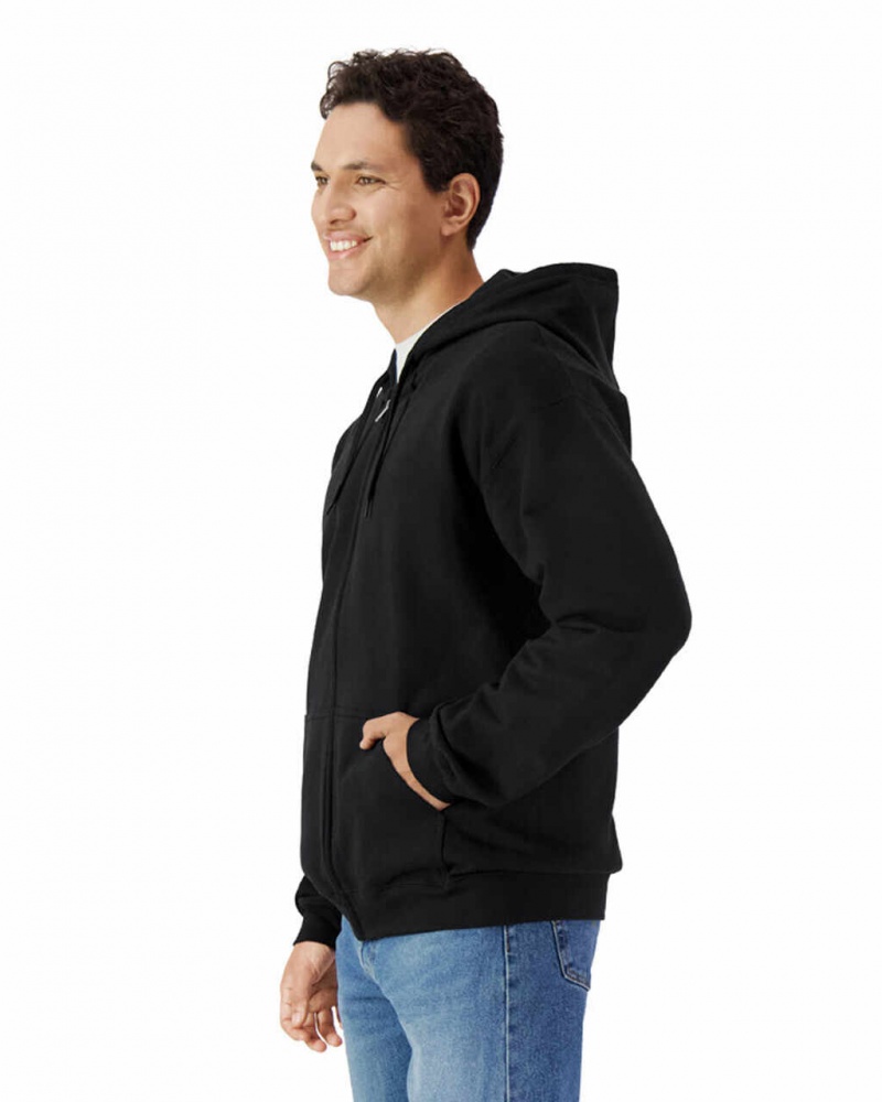 Black Men's Gildan SF600 Midweight Fleece Full Zip Hoodie | HNPW87629