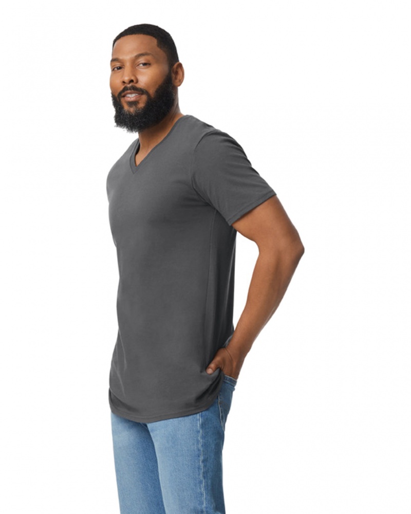 Charcoal Men's Gildan 64V00 V-Neck T-Shirts | MTRU07834