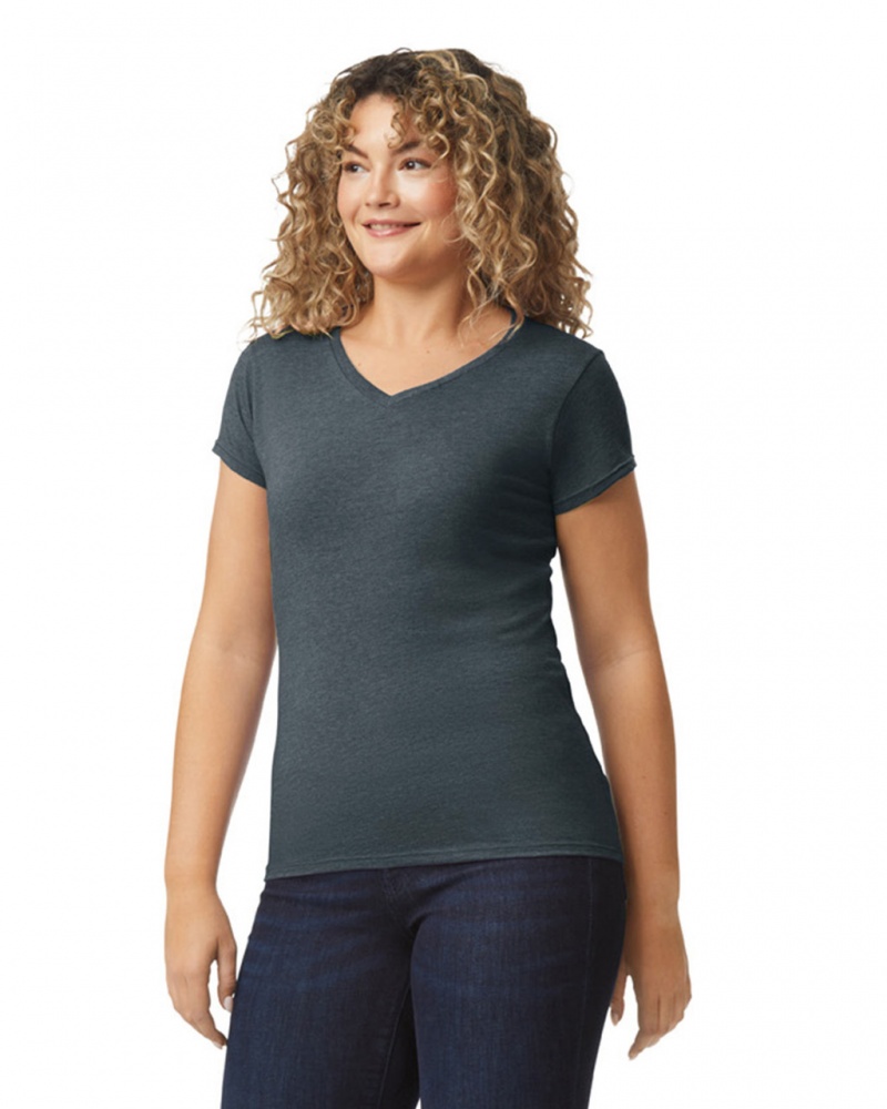 Dark Heather Women's Gildan 64V00L V-Neck T-Shirts | MYZS84235