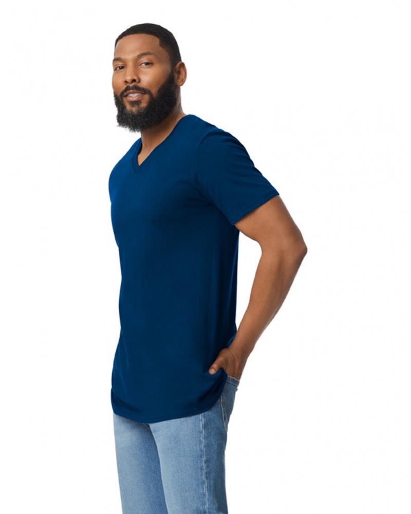 Navy Men's Gildan 64V00 V-Neck T-Shirts | DCKM59084