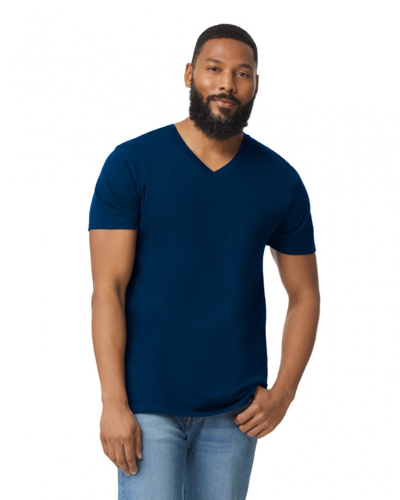 Navy Men's Gildan 64V00 V-Neck T-Shirts | DCKM59084