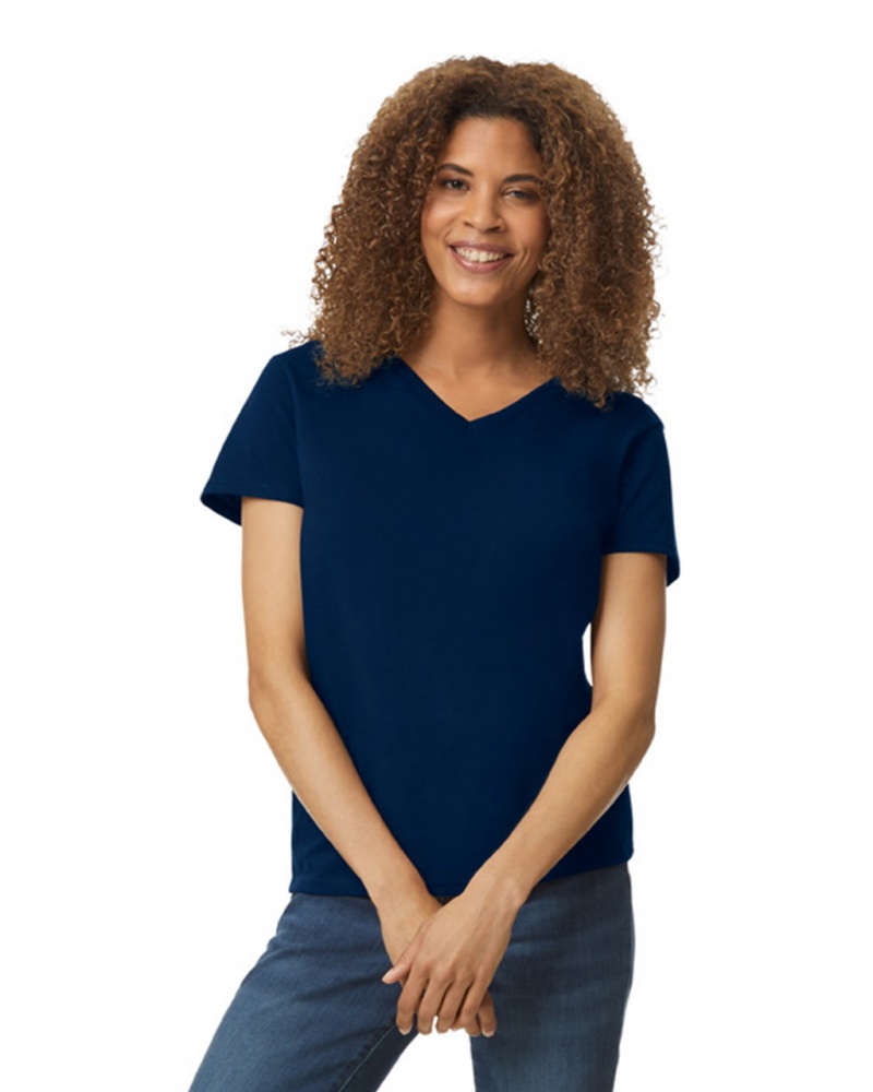 Navy Women\'s Gildan 5V00L V-Neck T-Shirts | UFBY75014