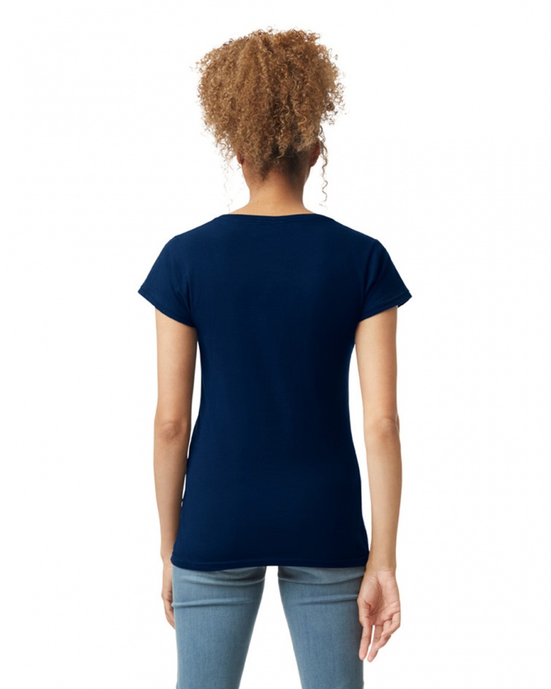 Navy Women's Gildan 64V00L V-Neck T-Shirts | DKLB18527