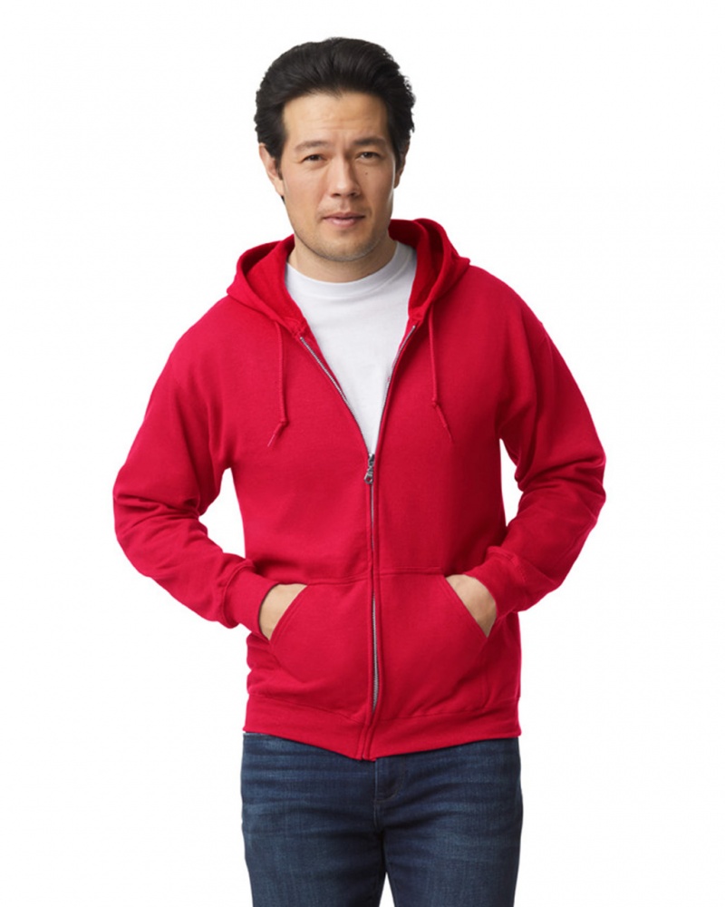 Red Men\'s Gildan 18600 Full Zip Hoodie Sweatshirt | CHJX63027