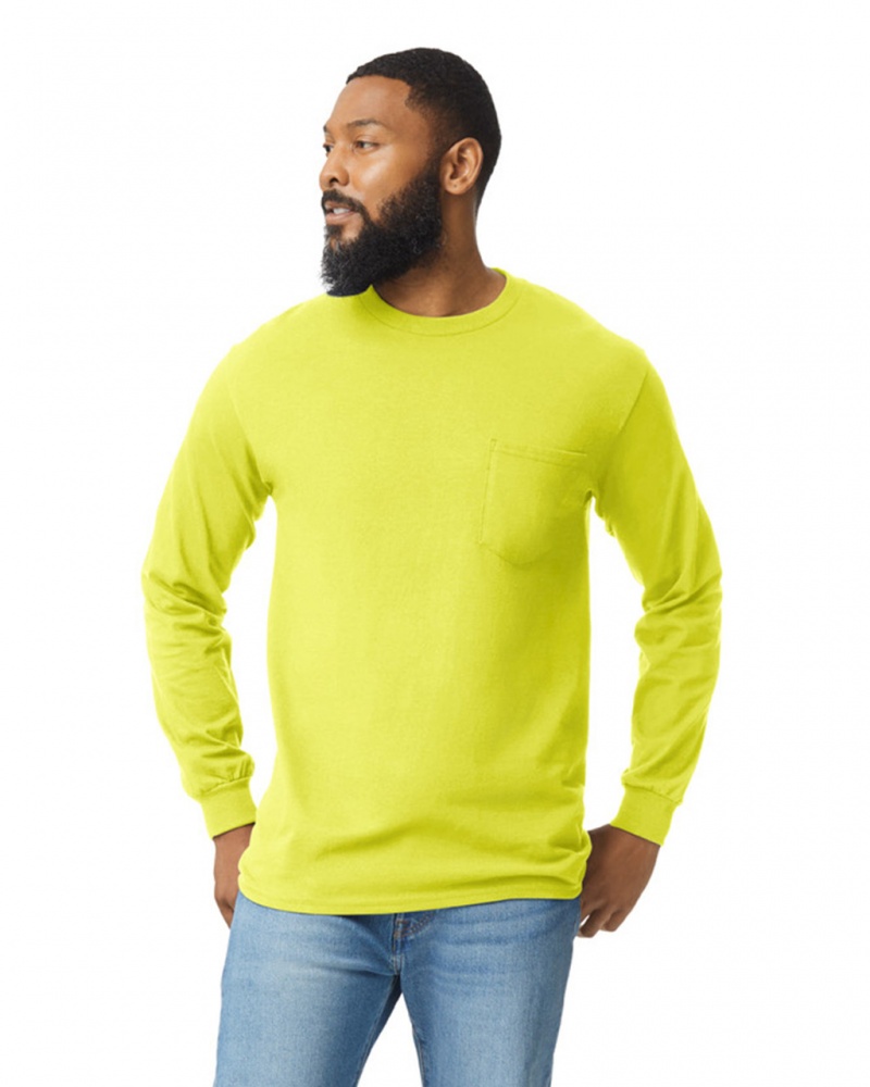 Safety Green Men's Gildan 2410 Long Sleeve with Pocket T-Shirts | CNOX63408