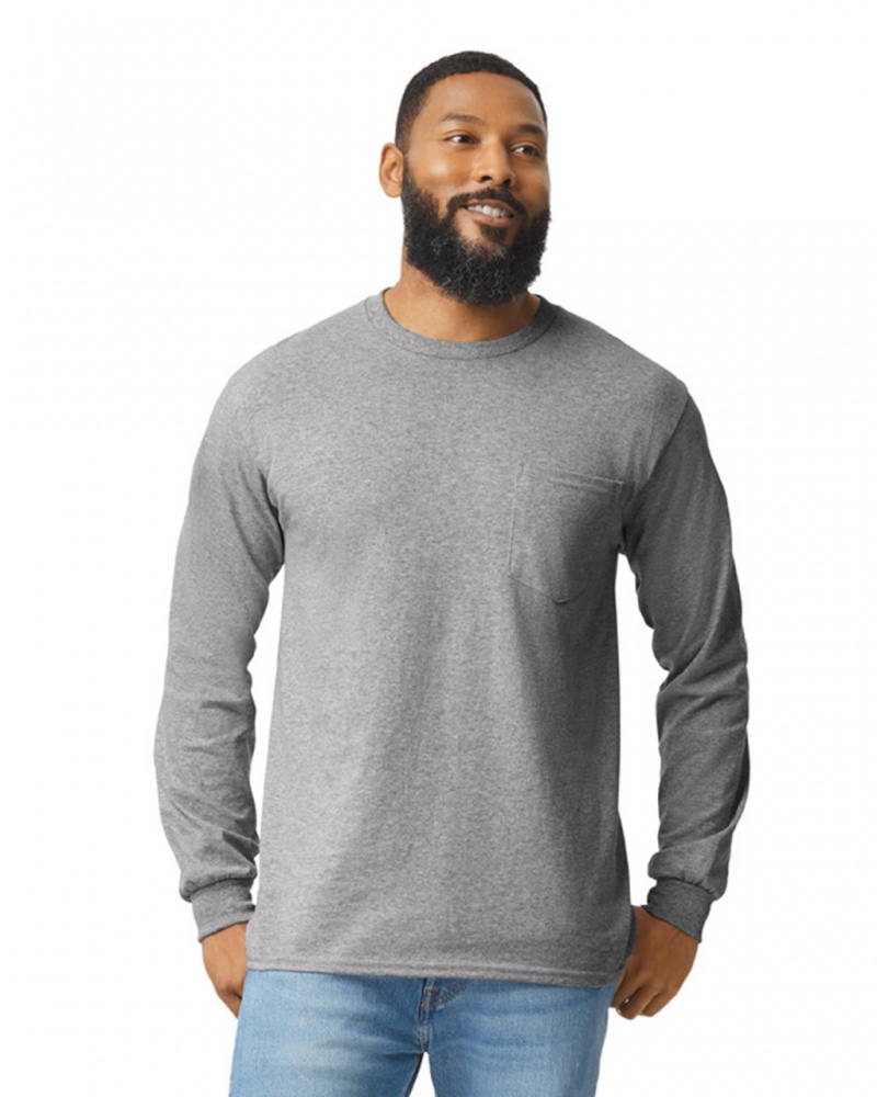 Sport Grey Men's Gildan 2410 Long Sleeve with Pocket T-Shirts | CQRI30176