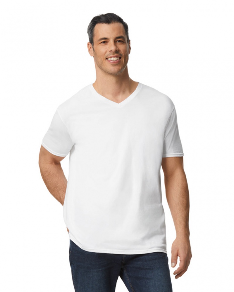 White Men's Gildan 64V00 V-Neck T-Shirts | LCNO79623