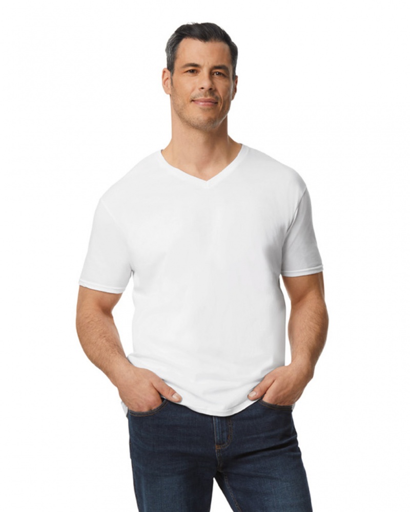 White Men's Gildan 64V00 V-Neck T-Shirts | LCNO79623