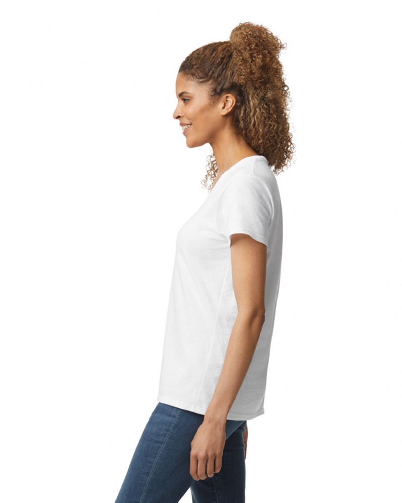 White Women's Gildan 5V00L V-Neck T-Shirts | WKHI75936