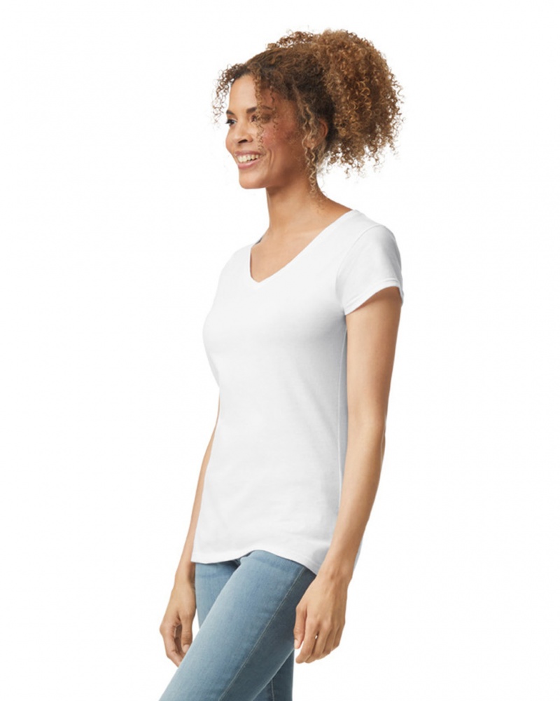 White Women's Gildan 64V00L V-Neck T-Shirts | LJMQ18540