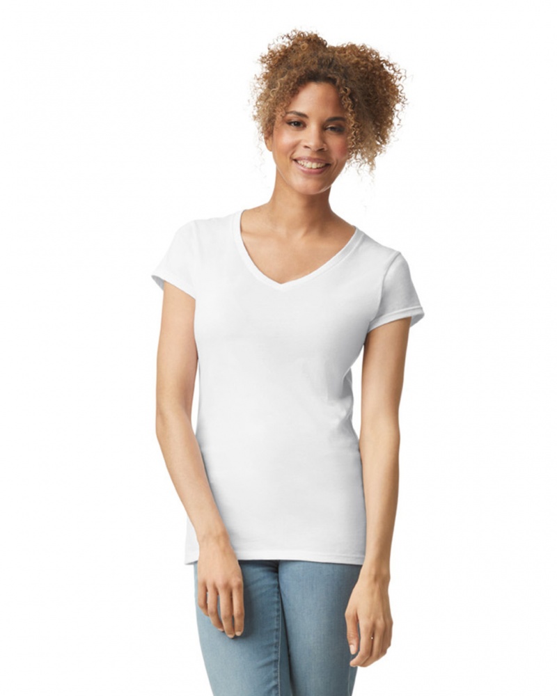 White Women's Gildan 64V00L V-Neck T-Shirts | LJMQ18540