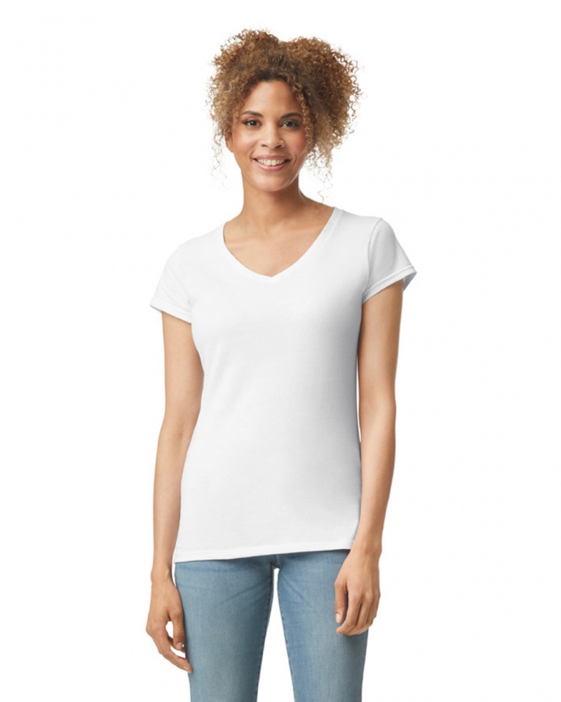 White Women\'s Gildan 64V00L V-Neck T-Shirts | LJMQ18540