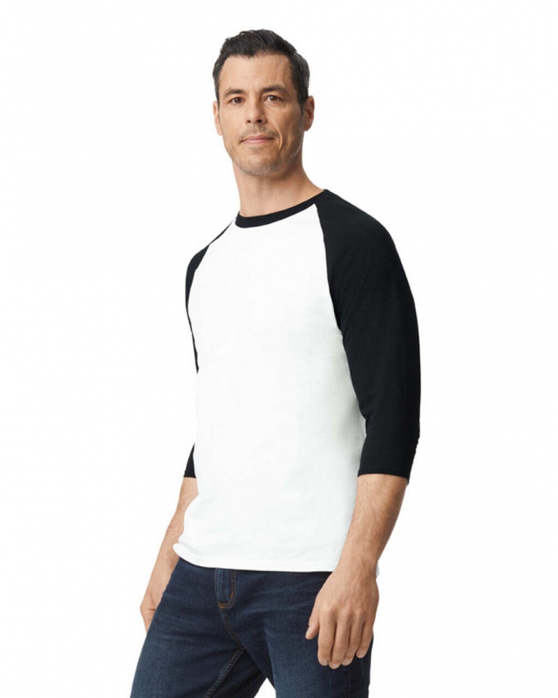 White / Black Men's Gildan 5700 3/4 Raglan T-Shirts | BPWE60182