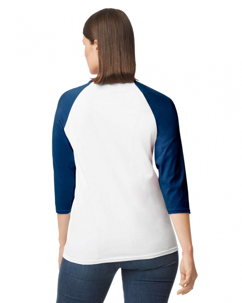 White / Navy Women's Gildan 5700 3/4 Raglan T-Shirts | XUWO82941