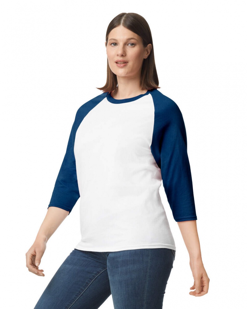 White / Navy Women's Gildan 5700 3/4 Raglan T-Shirts | XUWO82941