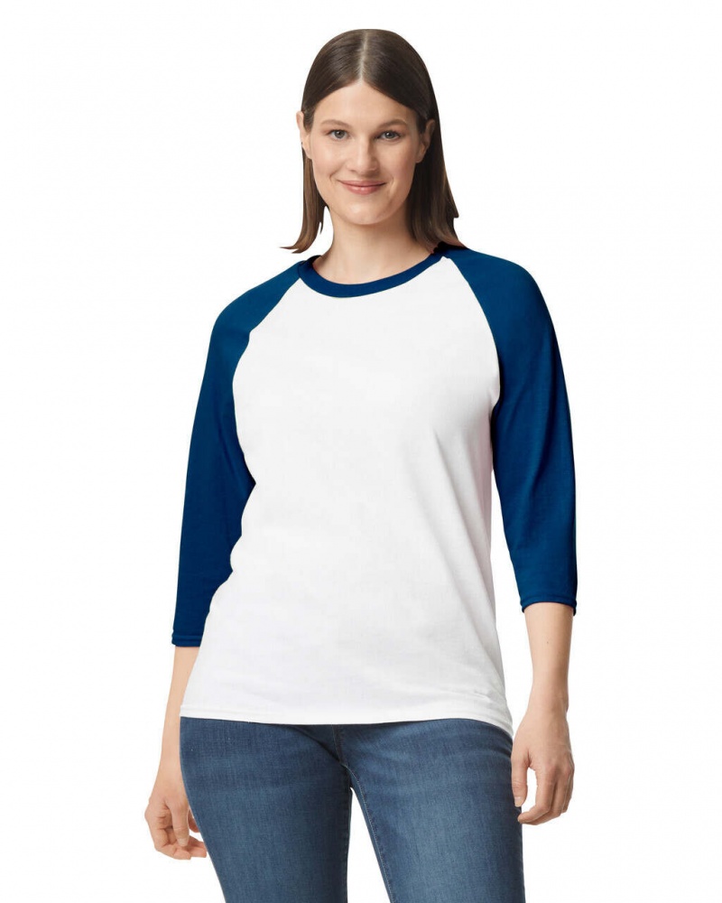 White / Navy Women\'s Gildan 5700 3/4 Raglan T-Shirts | XUWO82941