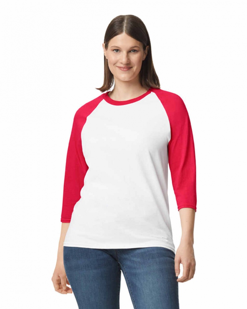 White / Red Women\'s Gildan 5700 3/4 Raglan T-Shirts | UEJM96045