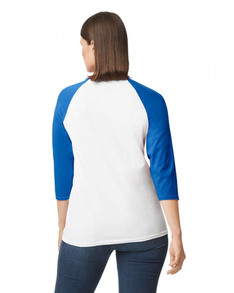 White / Royal Women's Gildan 5700 3/4 Raglan T-Shirts | QVYE67835